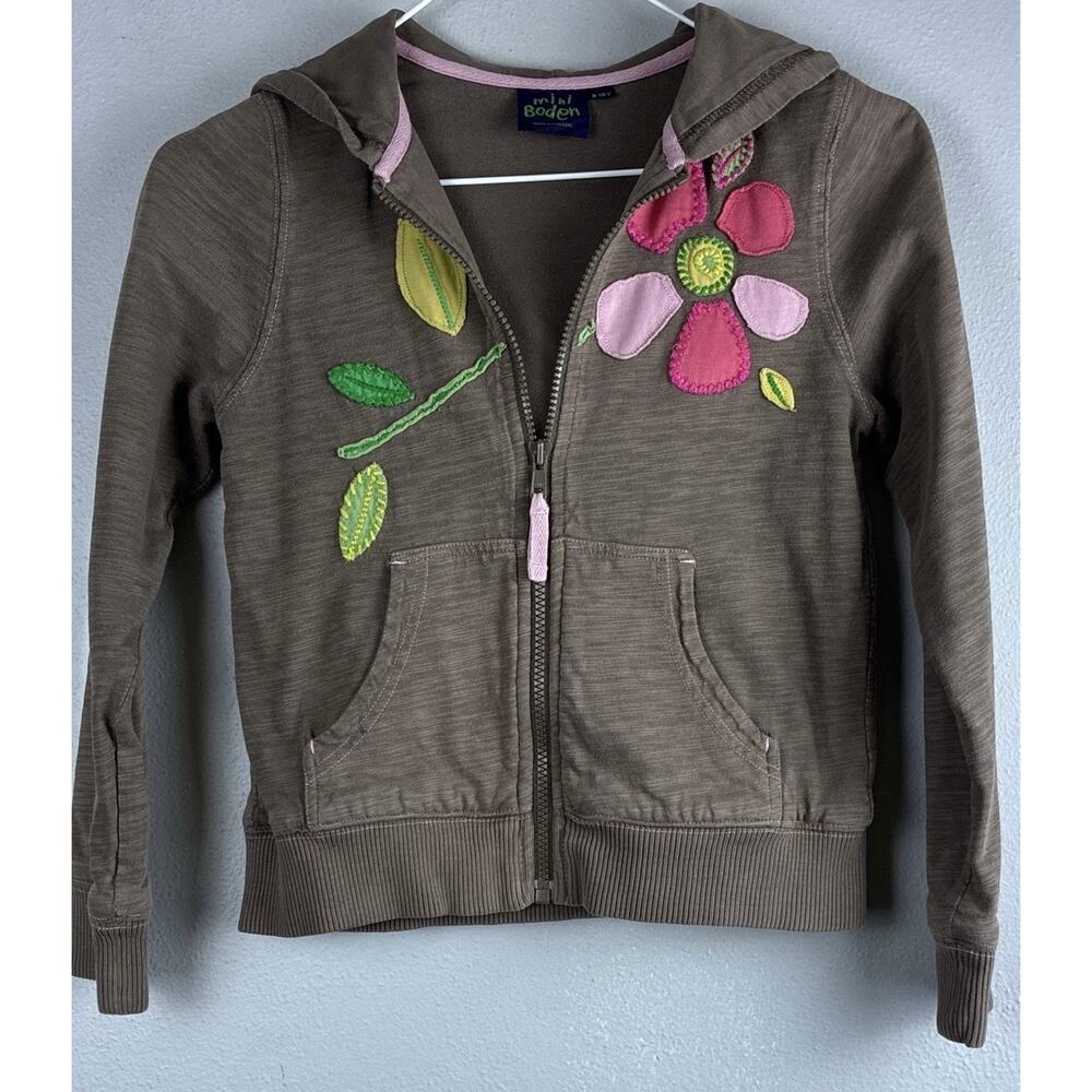 Mini Boden Brown Hoodie Jacket with Pink Flower and Green Leaf Appliqué